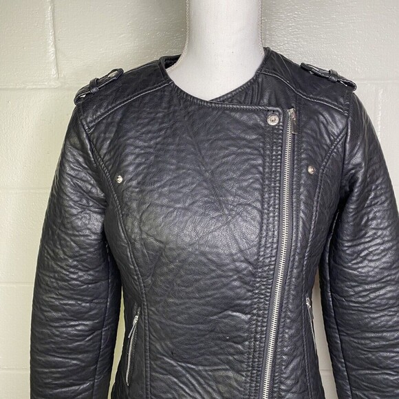 New Look Women SZ Medium Black Faux Leather Moto Jacket Full Side Zip Biker Coat - Picture 4 of 12